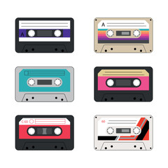 Fototapeta premium A set of music audio cassettes from the 90s. Vintage music tape. Old music - nostalgia of the 90s. Vector illustration