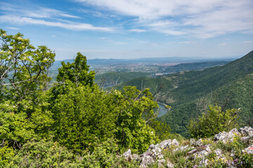 Ovcar and Kablar mountains new West Morava river in Serbia, view of natural park, rocks, trees and fields of grass. Protected Serbian natural park.