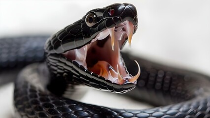 Closeup of black mamba snake displaying aggressive behavior against white background. Concept Wildlife Photography, Animal Behavior, Reptiles, Aggressive Encounters, White Background