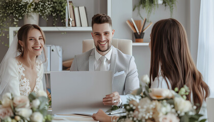 Male wedding planner working with couple in office