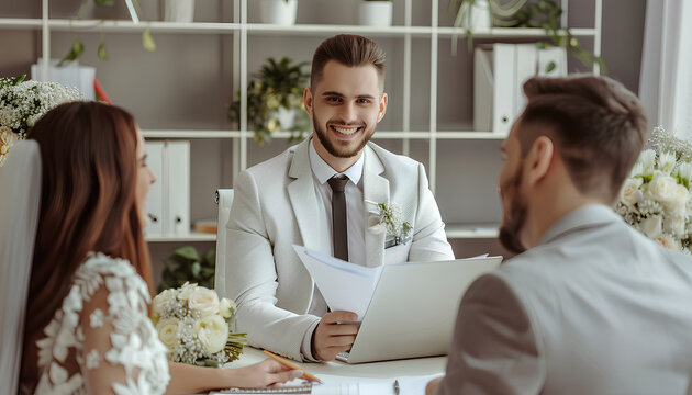 Male wedding planner working with couple in office
