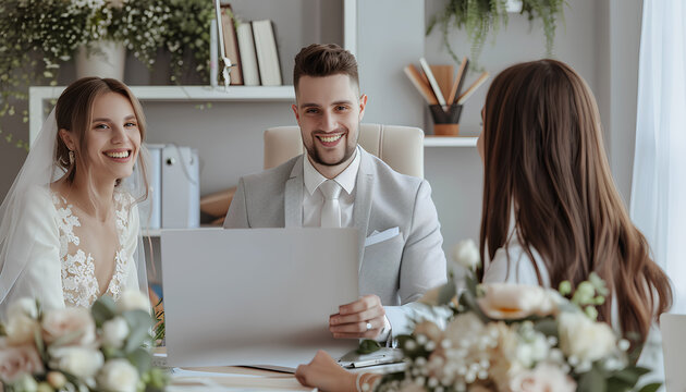 Male wedding planner working with couple in office