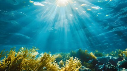 Stunning photo sunlight shines through blue ocean illuminating swaying seaweed. Concept Outdoor Photoshoot, Ocean Photography, Natural Light, Underwater Sea Life, Marine Ecosystems