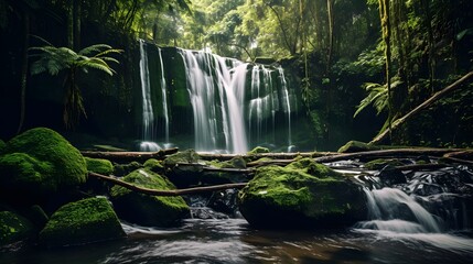 Panoramic view of a waterfall in the forest. Beautiful nature background