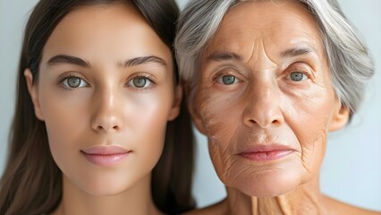 Contrast aging effects on young vs old woman focusing on skincare benefits. Concept Youthful Skin vs Aging Skin, Skincare Benefits, Face Transformation, Beauty Over Time, Ageless Beauty