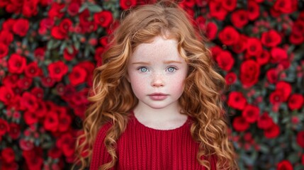 Fototapeta premium A child's face, tightly framed, surrounded by red flowers in the background, and a red rose bush in the foreground