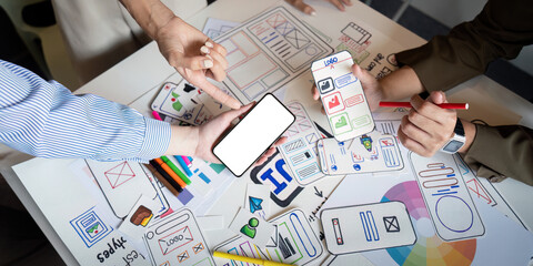Brainstorm planning creative asian teamwork, Group of mobile phone app developer team meeting for...