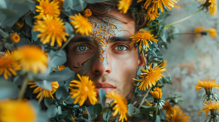 An organic fusion of nature and human spirit blooms as a male face emerges gracefully from within a bouquet of dandelion flowers, symbolizing the interconnection of life's beauty and vitality.