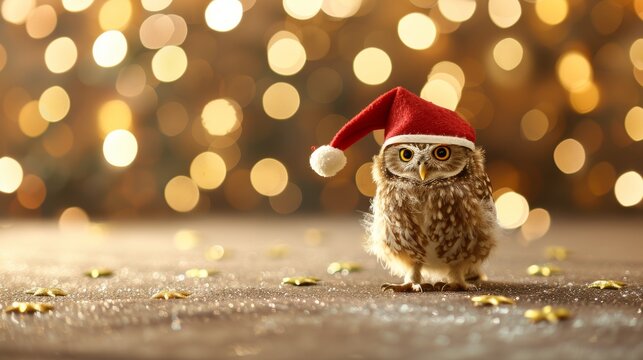 Festive owl in santa hat on christmas background for advertisements and postcards with text space - Powered by Adobe