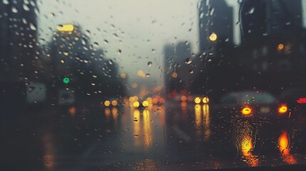 Rainy evening city lights through the wet window with rain drops, atmospheric urban bokeh