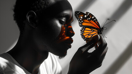 A man delicately holds out his palm, upon which rests a vibrant, multicolored butterfly radiating ethereal lights, symbolizing the beauty and wonder of transformation and enlightenment.
