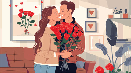 Young couple with bouquet of roses at home on Valentines