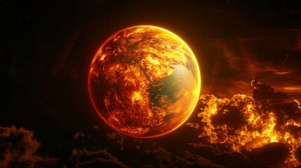 The image shows a planet engulfed in flames