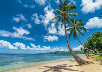 Obraz premium Idyllic Tropical Beach Paradise with Palm Trees and Clear Blue Sky