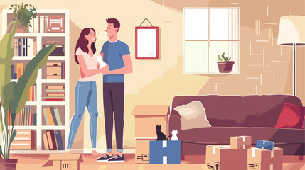 Young couple with cute cat in room on moving day