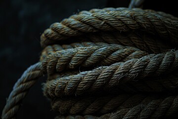 Fototapeta premium Close-Up of Rope on Black Background for a Textured Photo or Design Element. Beautiful simple AI generated image in 4K, unique.