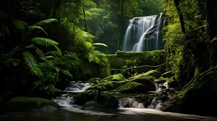 Beautiful waterfall in a green forest, long exposure photo, panorama
