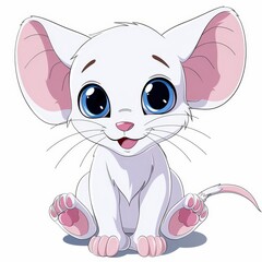   A cartoon mouse with large, blue eyes and a pink tail sits on the ground, gazing into the camera