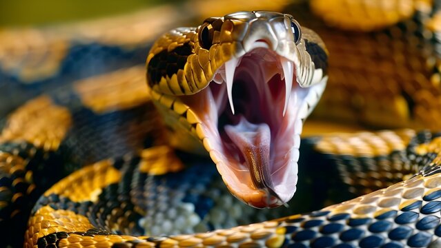 Closeup of large snake with open mouth sharp teeth and tongue out. Concept Reptiles, Wildlife, Serpent, Nature, Danger