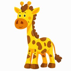 Obraz premium A cartoon giraffe with brown spots on its head and a long neck stands against a white backdrop