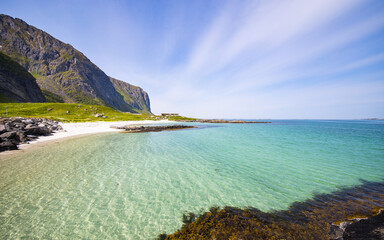 Sandy tropical beaches in Eggum, Lofoten, Norway. Popular tourist destination above the arctic...