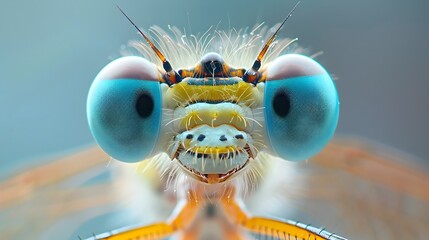 Hyperreal Damselfly Face Extreme Macro Close-up Portrait of Detailed Iridescent Insect in Natural Environment