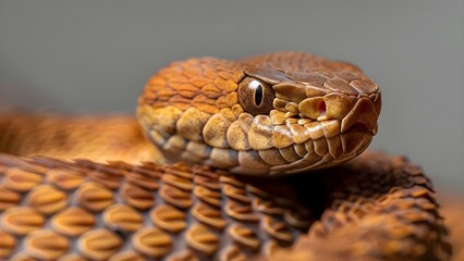 Closeup of a brown common viper snake on a gray background. Concept Wildlife Photography, Viper Snake, Close-up Shot, Gray Background, Nature Portrait