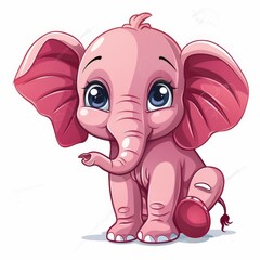 Fototapeta premium A pink baby elephant sits on the ground, trunk raised, eyes large and tearful, expressing sadness