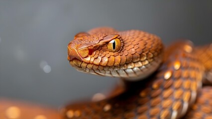 Fototapeta premium Brown Common Viper Snake in Close-up against a Gray Background. Concept Snakes, Wildlife, Close-up Photography, Gray Background, Reptiles