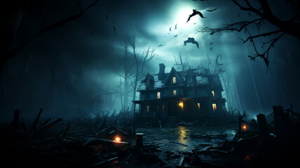 A creepy house with a dark forest in the background