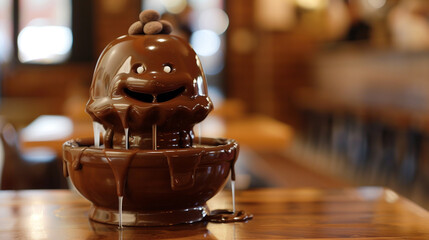 A tiny chocolate fountain with a cute face, cascading molten chocolate for delightful dipping.