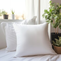 Blank white pillow cover mockup, sunlit cozy bedroom setting for a comforting aesthetic.