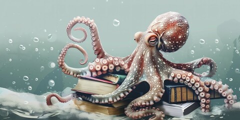 Naklejka premium An octopus librarian managing a seabed library of waterproof books, emphasizing ocean literacy, illustration style, in straight front portrait minimal.