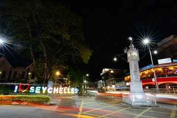Mahe, Seychelles 6.05.24 Night long exposure of close tower in town Victoria