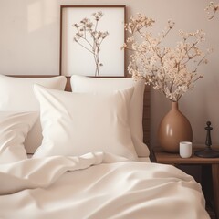 Morning style bedroom with a white pillow cover mockup on a comfortable bed, bathed in soft, warm light.