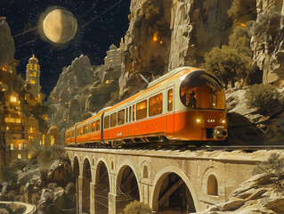 Illustration, a train traveling at night in a mountain scenery