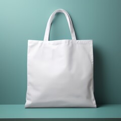 Blank white fabric tote bag mockup with a soft shadow, positioned upright on a clean surface.
