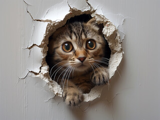 Cat head in a hole in the wall