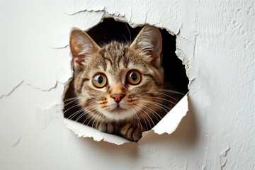Cat head in a hole in the wall