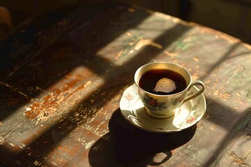 A black coffee cup with espresso coffee stands on a wooden table. close-up. Beautiful simple AI generated image in 4K, unique. - Powered by Adobe