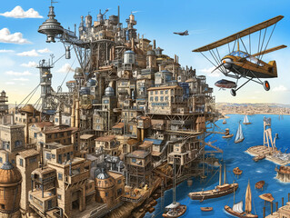Crazy complicated ocean city in cartoon style