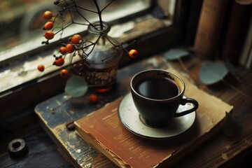 A black coffee cup with espresso coffee stands on a wooden table. close-up. Beautiful simple AI generated image in 4K, unique.