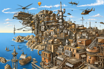 Crazy complicated ocean city in cartoon vintage style