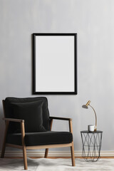 Sleek black frame mockup in a minimalist style room with soft, natural lighting and sparse decor,