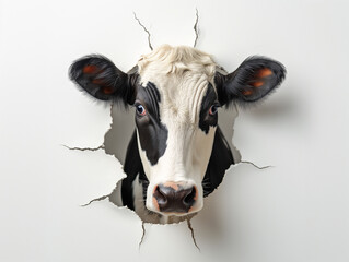 The head of a spotted cow in a hole