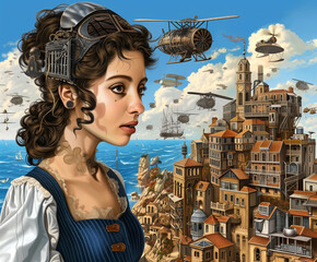 Illustration in vintage cartoon style, woman on the background of a city by the ocean