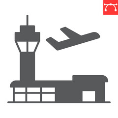 Obraz premium Airport glyph icon, building and architecture, terminal and airplane vector icon, vector graphics, editable stroke solid sign, eps 10.