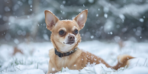 Chihuahua in the snow, cute small dog enjoying winter outdoors, adorable pet in snowy landscape, Generative Ai

