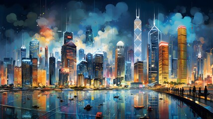 Night city panoramic view with skyscrapers in Shanghai, China