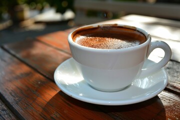 Obraz premium Red cup of cappuccino and chocolate on the table close-up. Food photo.. Beautiful simple AI generated image in 4K, unique.